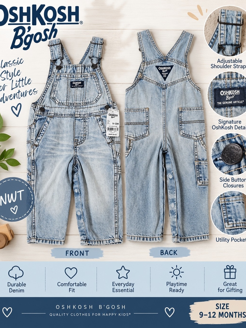 OshKosh B’gosh Baby Denim Overalls – Size 9–12M – NWT